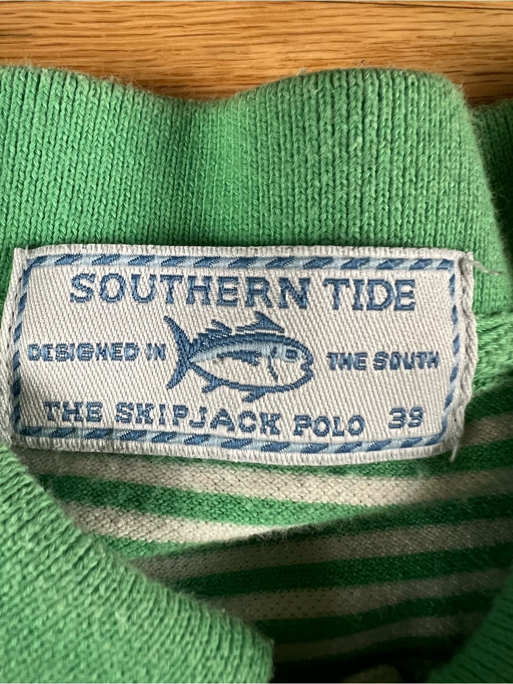 Southern Tide Green and White Striped “The Skipjack” Polo Shirt - Picture 3 of 7